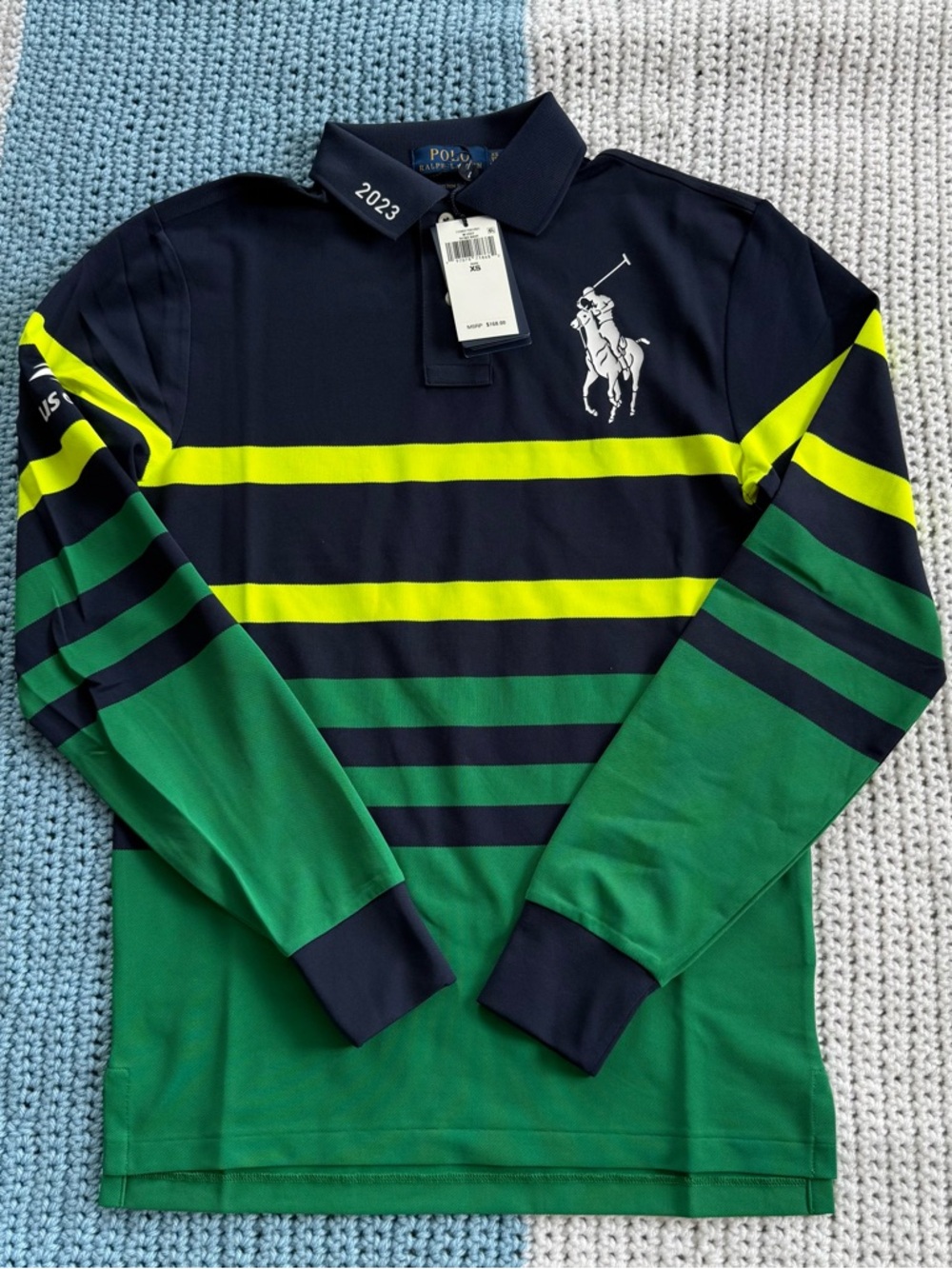 Polo Ralph Lauren Navy, Green & Neon Yellow Striped U.S Open Rugby Shirt